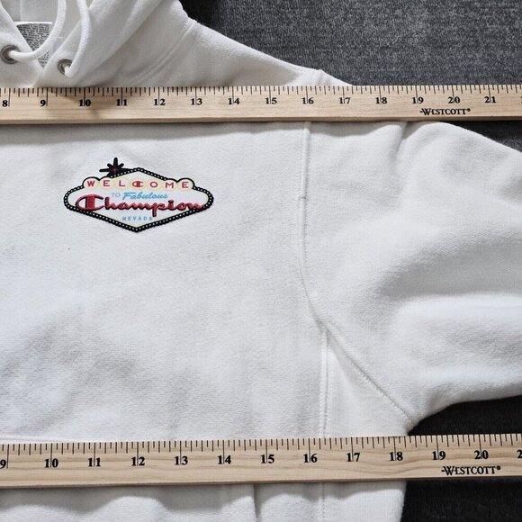 Champion Hoodie Womens XS White Graphic Print Kanga Pocket LS Reverse Weave FLAW - Picture 4 of 16